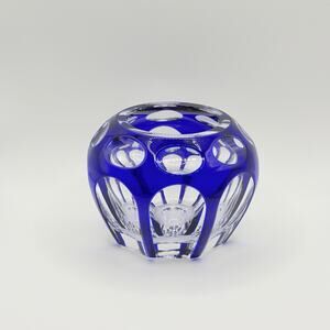 Bohemian Cobalt Blue Cut to Clear Crystal Votive Candle Holder Vintage